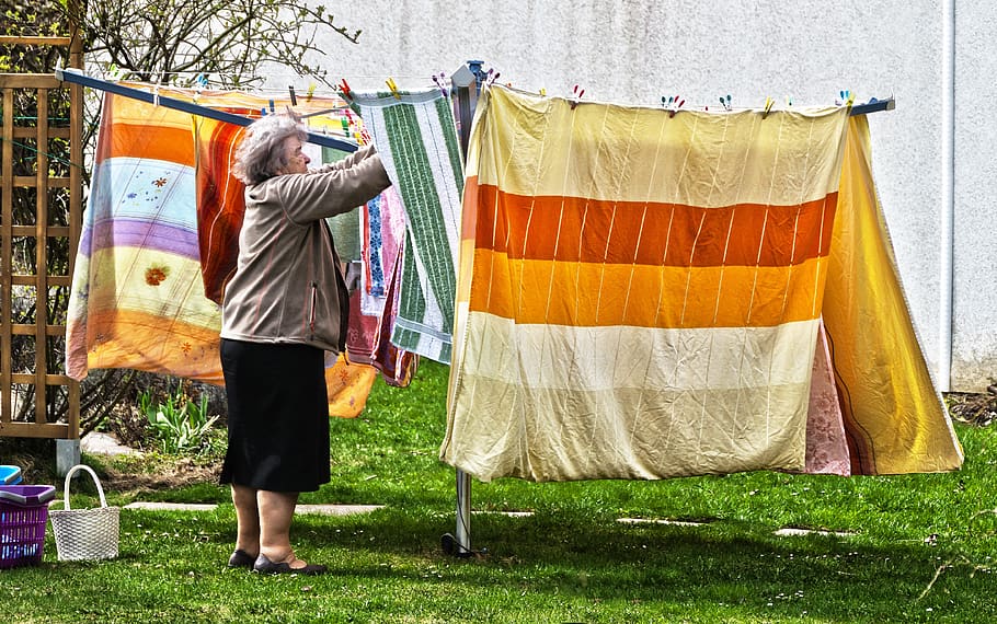 laundry, clothes drying rack, hang laundry, hang, old woman, woman, laundry day, garments, dry laundry, bed linen