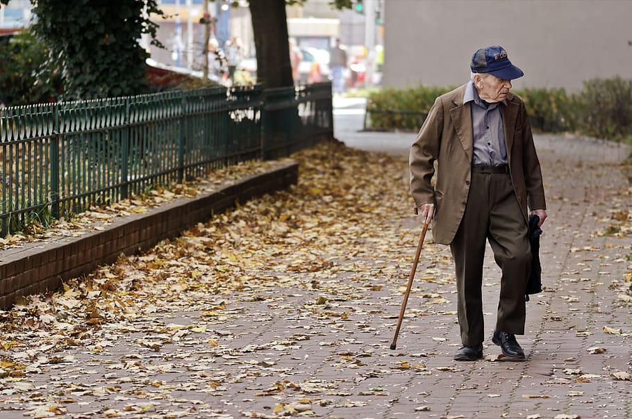 man, old, person, male, single, cane, rod, cap, going, the sidewalk