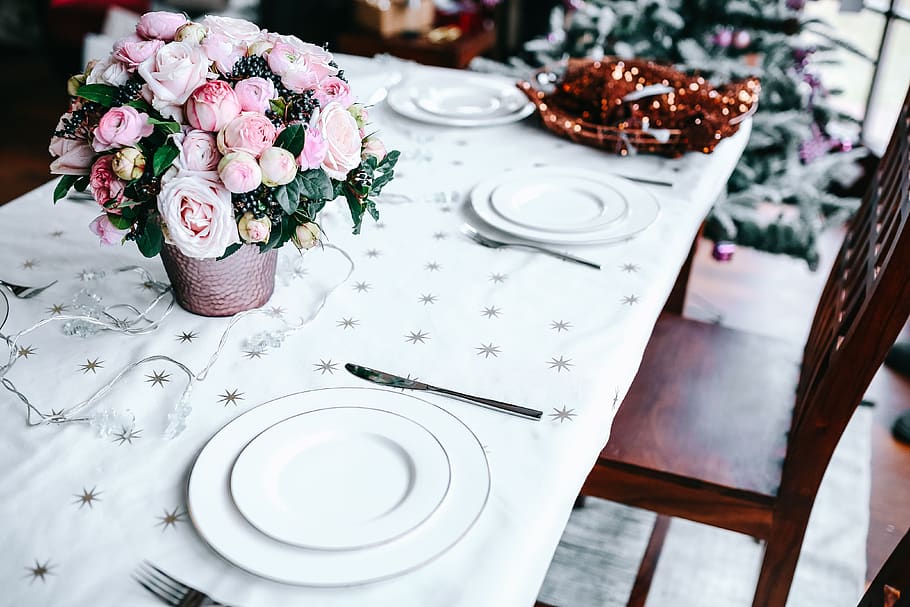 mesa, decorações, jogo de mesa, rosa, feriado, glamour, Natal, flor, planta com flor, planta