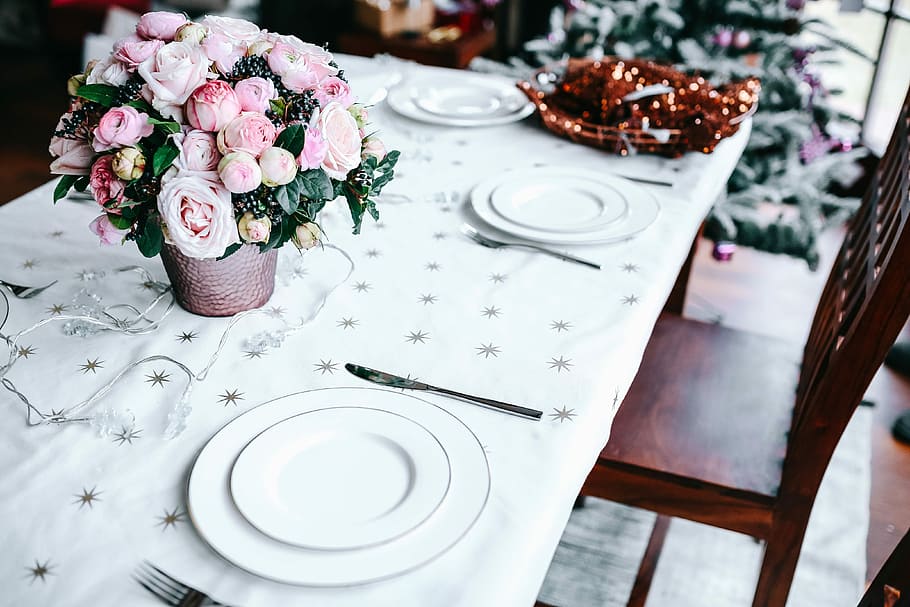 クリスマステーブルデコレーション, クリスマス, テーブル, 装飾, テーブルセット, ピンク, 休日, グラマー, 結婚式, プレート