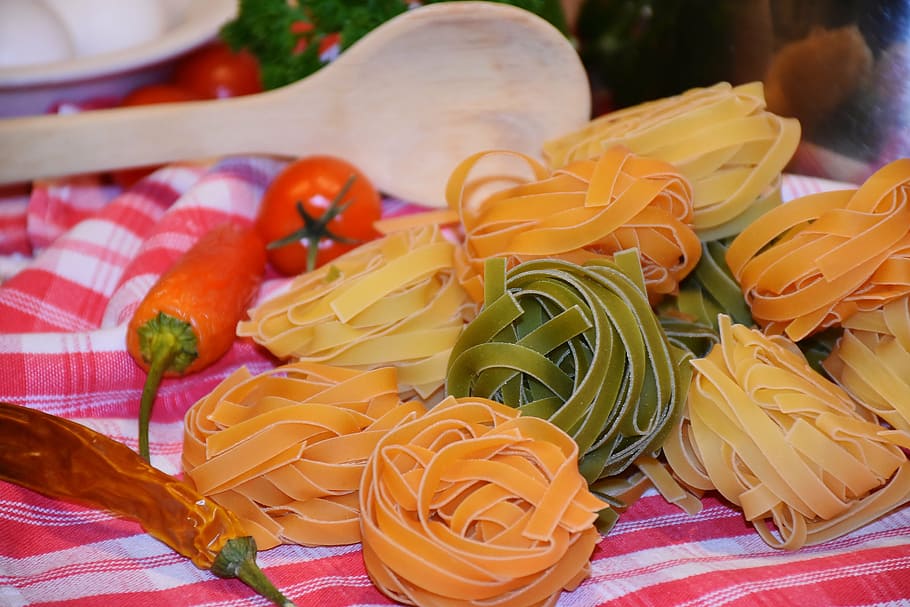 pasta food, chili pepper, noodles, tagliatelle, pasta, raw, colorful, food, carbohydrates, eat