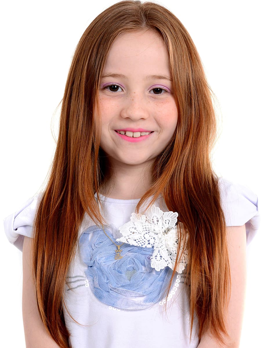 person, girl, redhead, child, smile, ingenuity, innocence, shy, portrait, white background