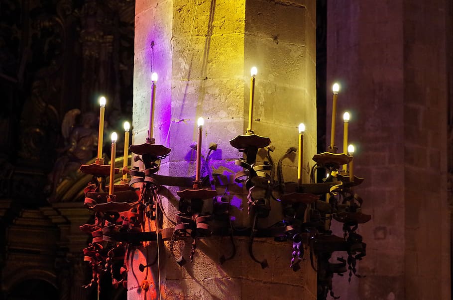 cathedral, church, lights, pillar, candles, illuminated, candle, lighting equipment, burning, fire