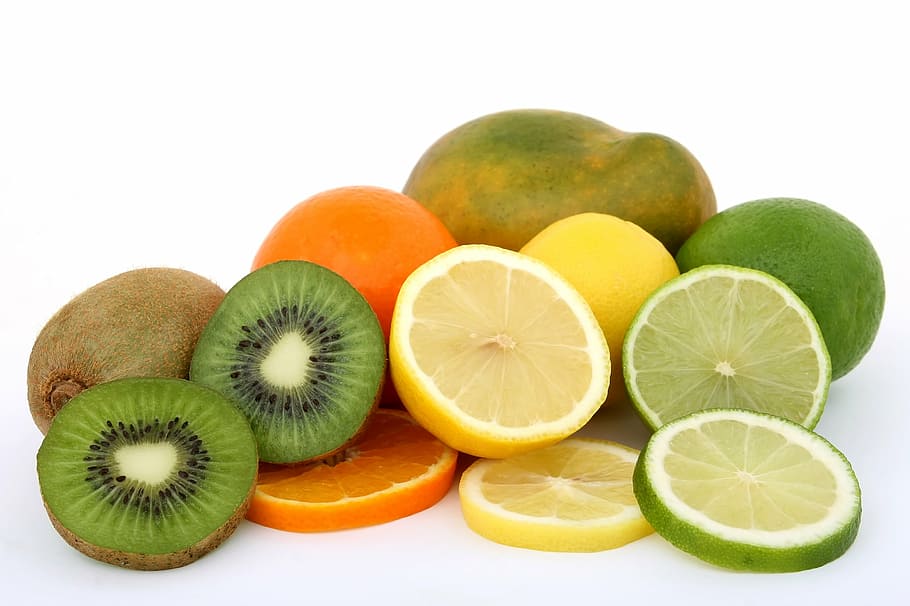 sliced, kiwi, orange, lemon, green, papaya fruits, background, bitter, breakfast, bright