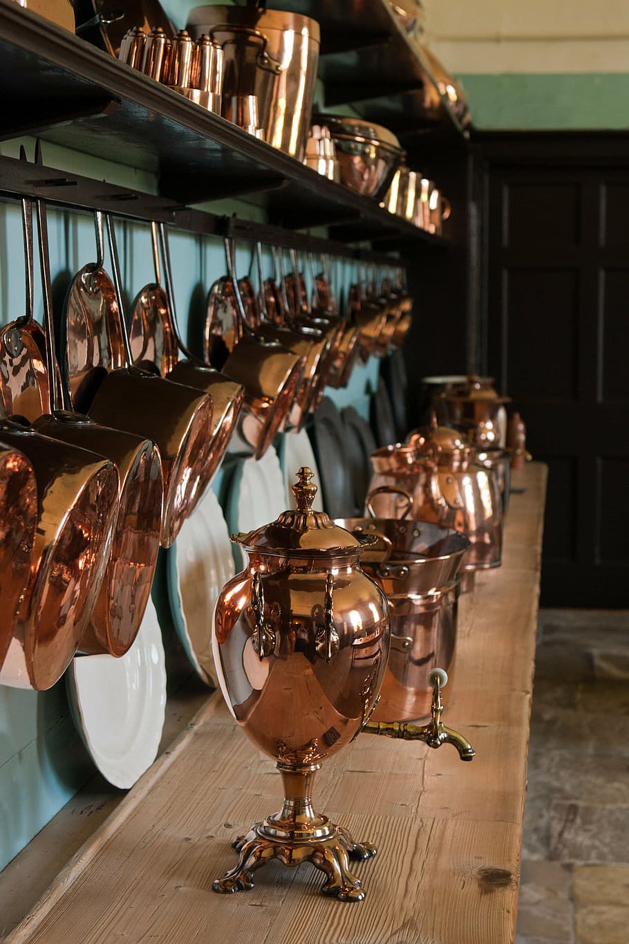 copper samovar, copper utensils, kitchen, ornate, shiny, old fashioned, felbrigg hall, norfolk, food and drink, table