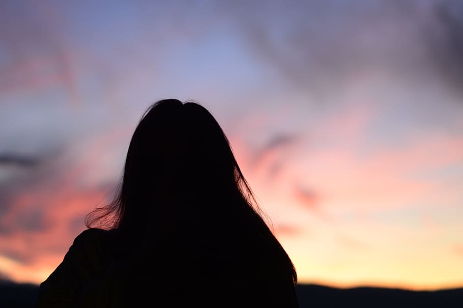 sunset, girl, hair, dark, silhouette, alone, sky, clouds, one person, headshot