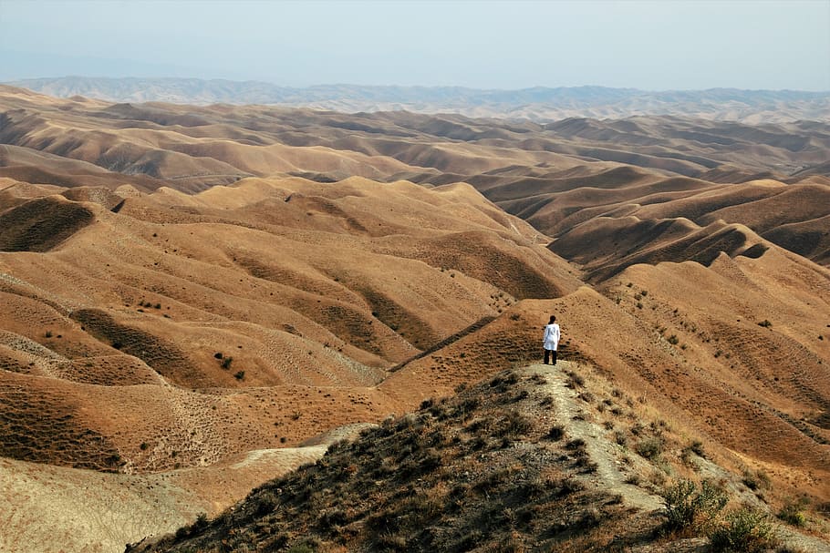 人, 立っている, 砂漠, 昼間, イラン, ゴレスタン, カレドナビ, 侵食風景, 風景-自然, 風景