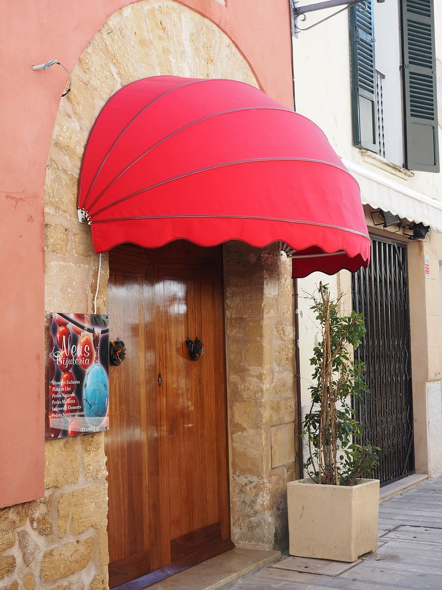music, awning, business awning, load awning, facade awnings, sun protection, red, canopy, input, built structure