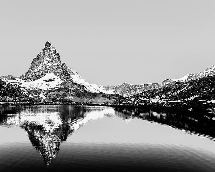 grayscale parabolic photography, mountain, matterhorn, switzerland, europe, lake, water, reflection, snow, mountains