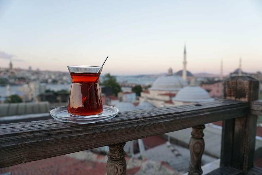 selective, focus photography, glass, cocktail, wooden, terrace railing, tea, istanbul, landscape, turkish tea