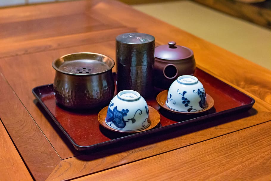 dua, putih-dan-biru, keramik, mangkuk, coklat, teko, Jepang, teh, tradisi, tradisional