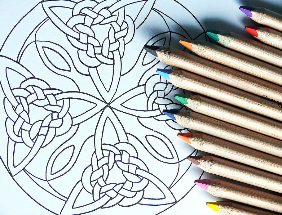 assorted-color color pencil, white, surface, form, style, mandala, meditation, rest, black, drip