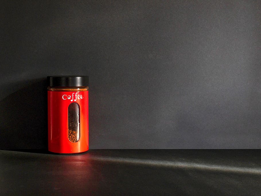 minimalist, coffee, jar, red, black, light, simple, bare, modern, clean