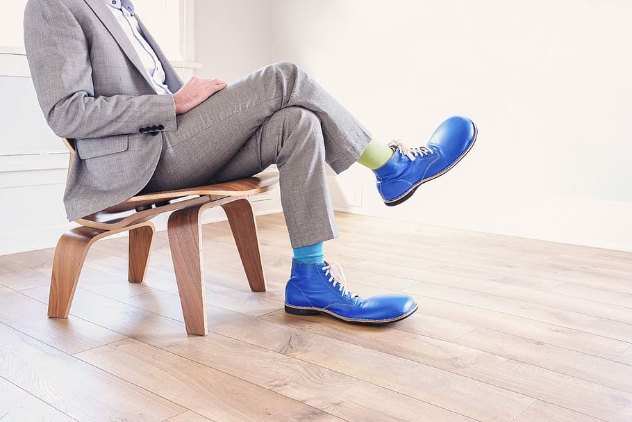 person, sitting, wearing, gray, formal, suit, pair, blue, leather shoes, leather