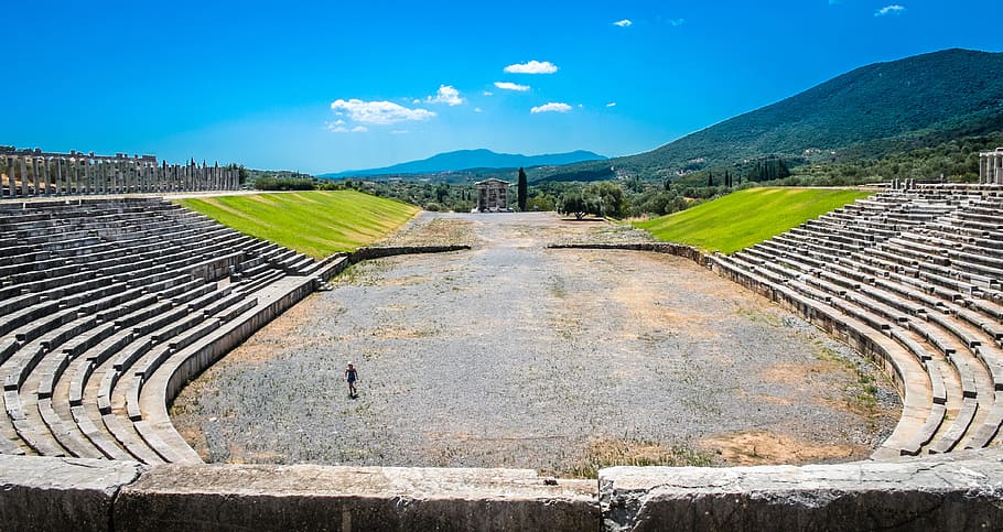 gray concrete arena, ancient messini, stage, ancient greece, temple, monument, archaeological site, ruins, mausoleum, sky