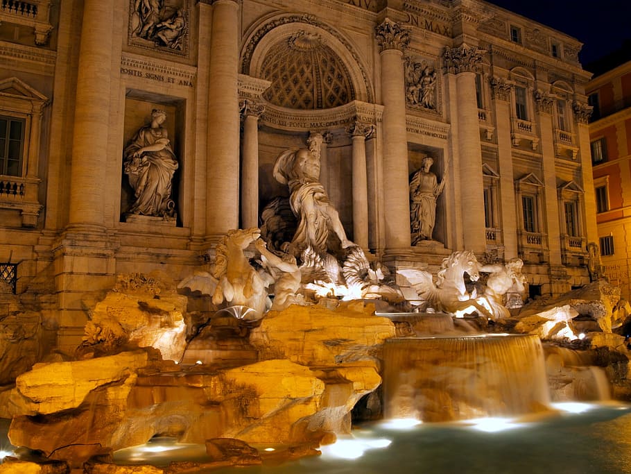 trevi fountain, italy, Rome, Italy, Night, Evening, rome, italy, trevi fountain, water, statues, sculptures
