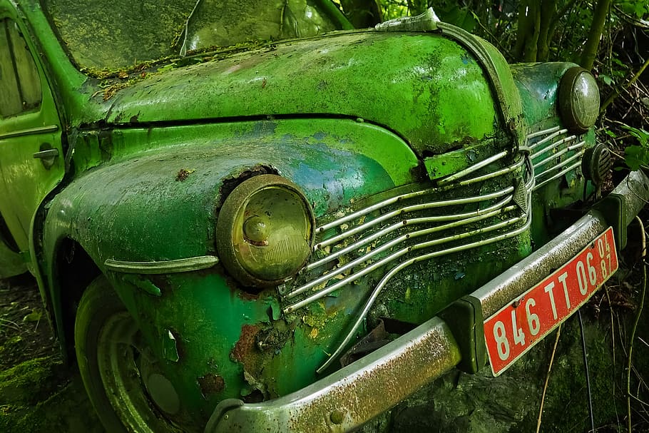 green classic car, auto, car cemetery, oldtimer, old, rust, stainless karre, stainless, rusted, nostalgia