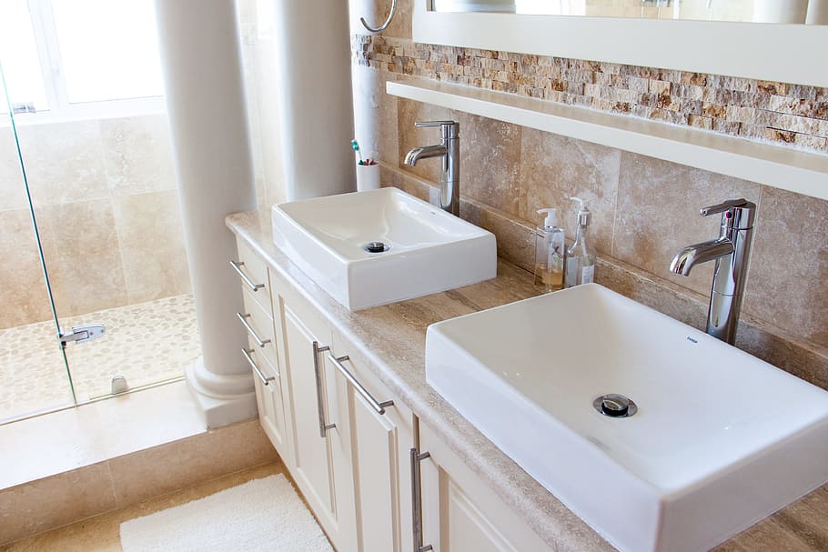 two, white, ceramic, sinks, bathroom, tap, hygiene, water, plumbing, clean