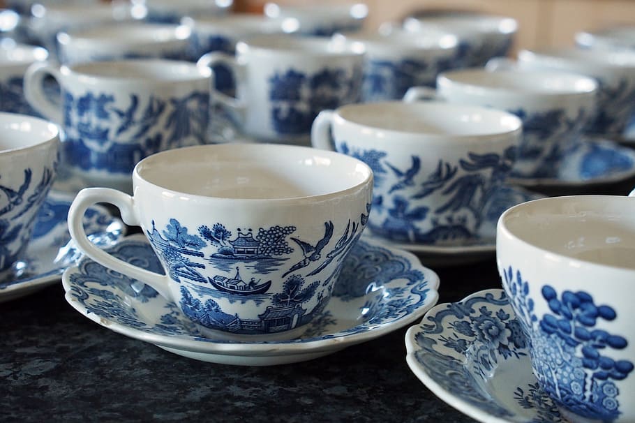 blue, white, ceramic, cup, saucers, set, tea, cups, teacup, drink