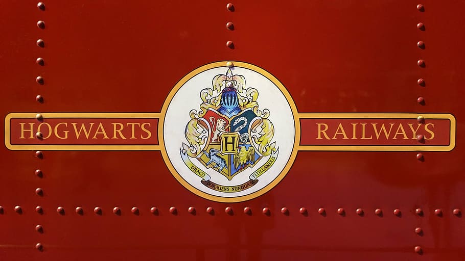 hogwarts railways logo, harry potter, warner bros, warner studio, harry potter studio, hogwarts express, hogwarts, text, logo, red