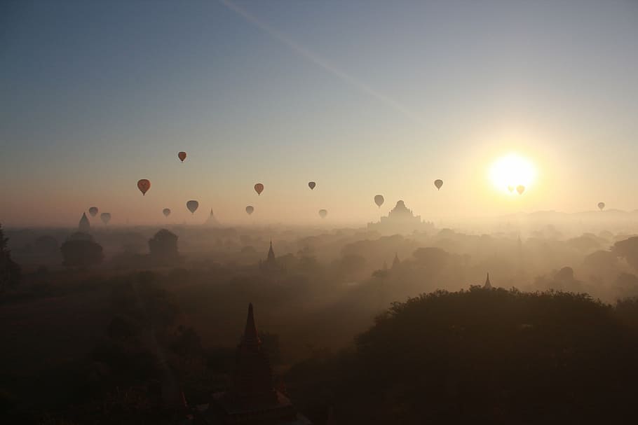 myanmar, pagode, turismo, famoso, arquitetura, velho, pagão, balão, destino, nascer do sol