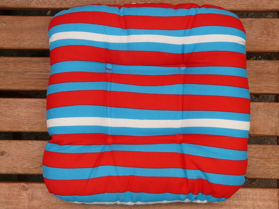 pillow, seat cushions, garden bench, striped, blue, red, white, sit, easily, stripes