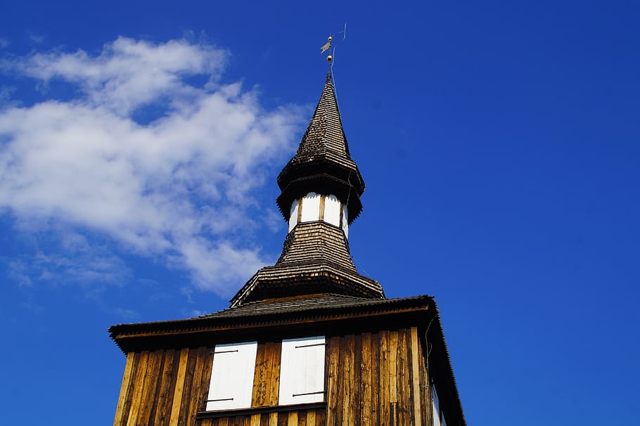 wooden tower, sky, church, wooden church, roof, sweden, trosa, shingle, shingle roof, architecture