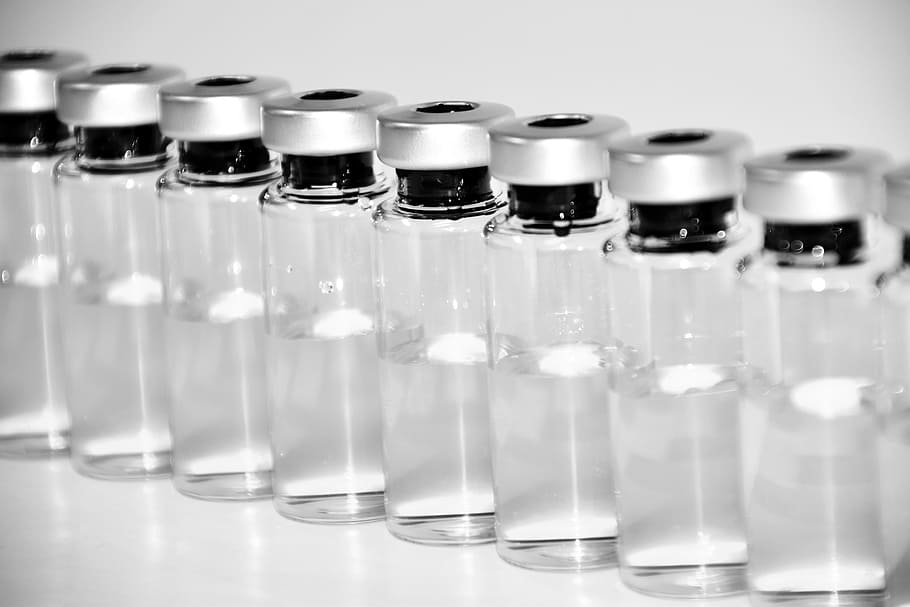 transparente, lote de frascos de vidrio, blanco, superficie, ampollas, vacunación, vacuna, medicina, medicamentos, laboratorio