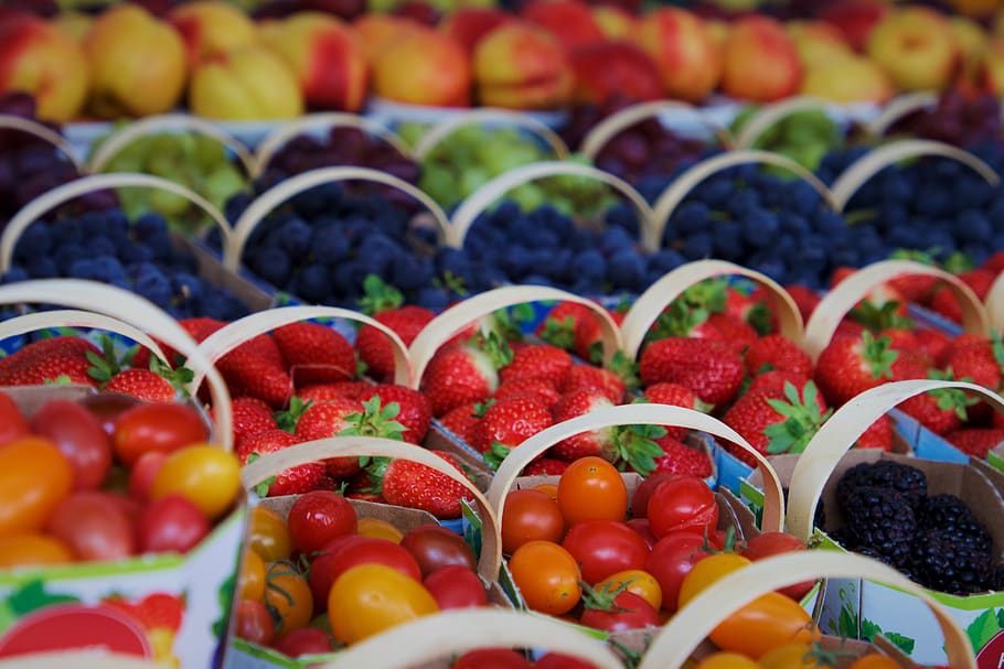 fresh, fruit, market, store, assortment, colorful, food, healthy, basket, bag