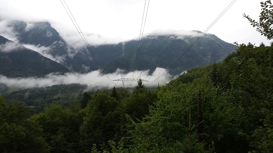 nature, mist, landscape, fog, mountains, morning, forest, pylon, tree, mountain