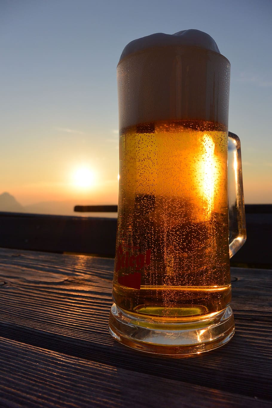 beer, filled, glass mug, brown, wooden, panel, salzburg, austria, unterberg, summit