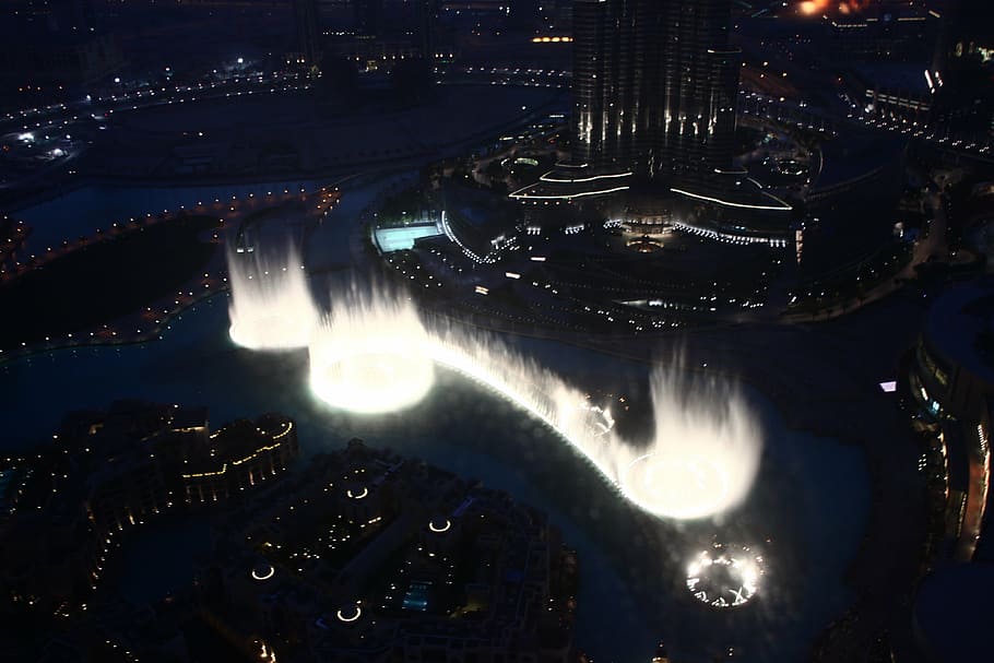 aerial, photography, buildings, dubai, city, fountain, at night, lighting, burj khalifa, u a e