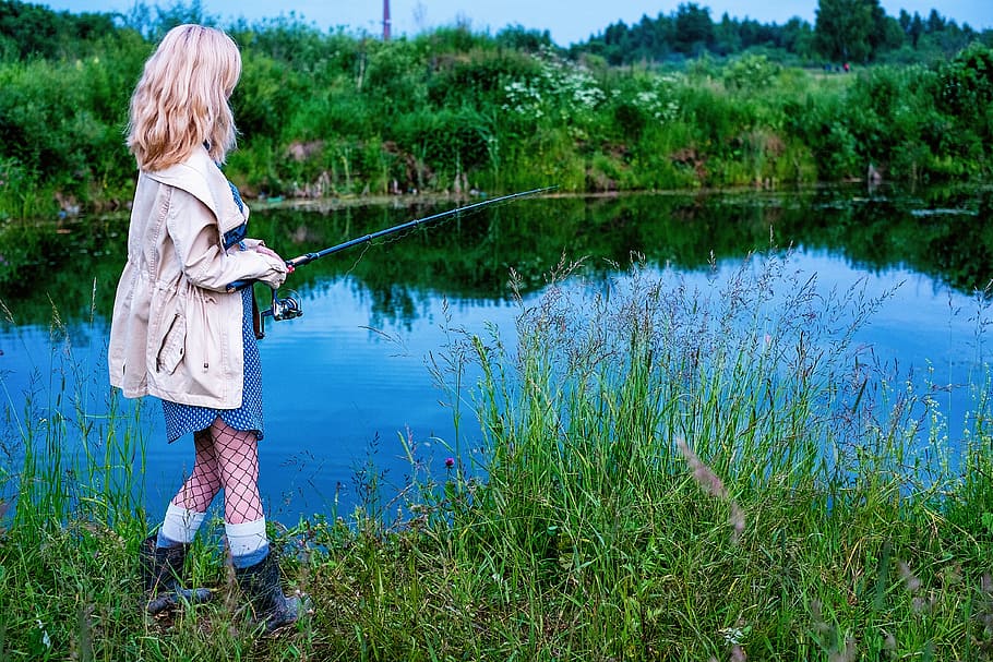 woman, holding, fishing rod, girl, fishing, rod, pond, float, summer, greens