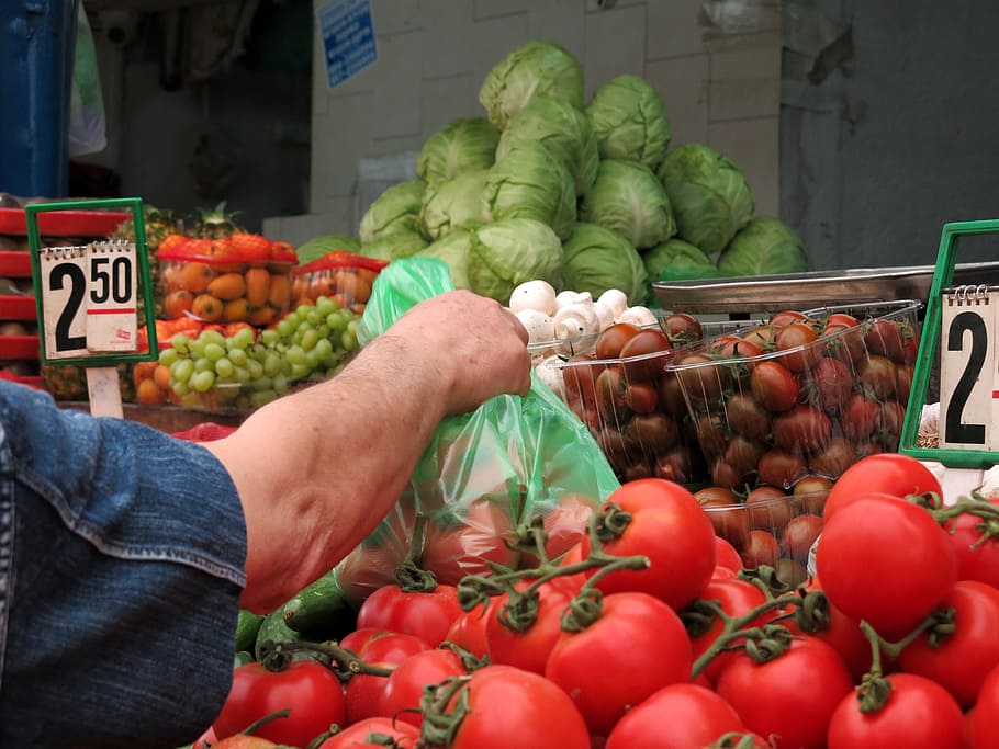 person, holding, bag, vegetable, vegetables, market, tomatoes, cabbage, arm, food