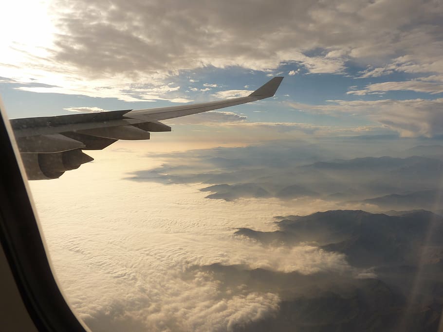 avión, ala, perspectiva, viajes, vuelo, aire Vehículo, transporte, cielo, comercial Avión, ventana