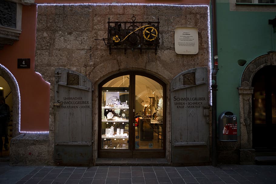 watchmaker, shop, christmas lights, architecture, historic, after dark, innsbruck, austria, arch, built structure