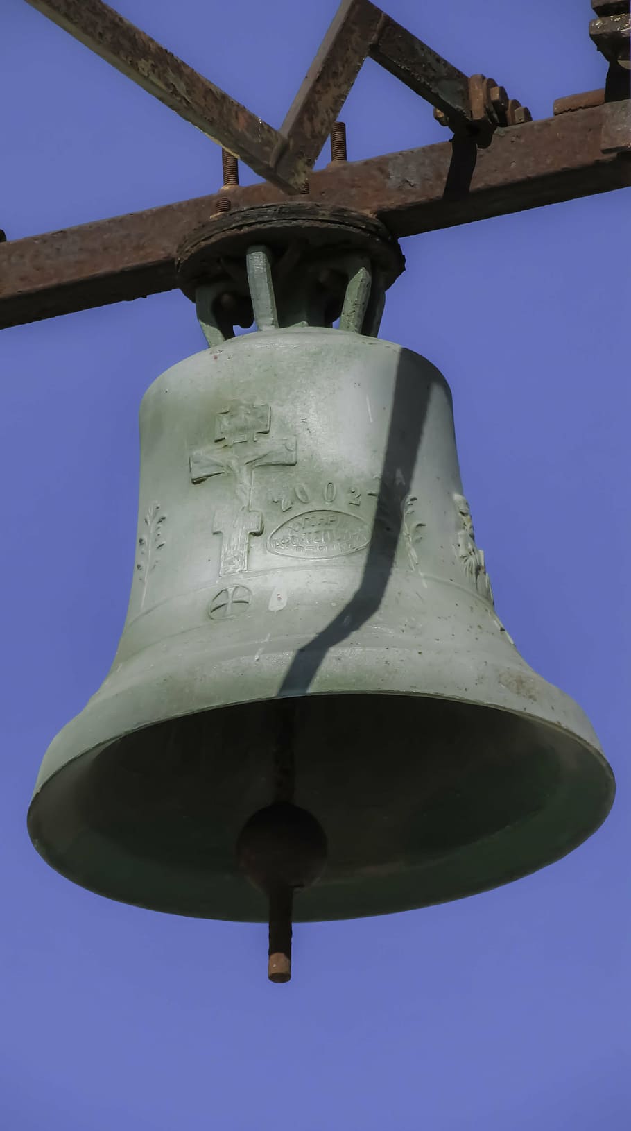 bell, church, religion, christianity, sky, hanging, clear sky, low angle view, nature, metal
