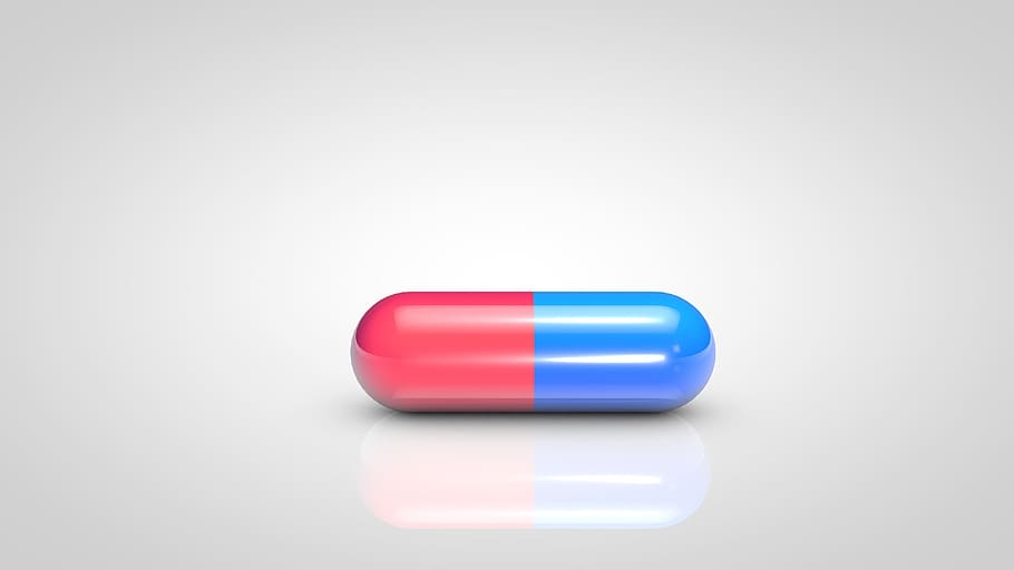 rojo, azul, píldora de medicamentos, cápsula, remedio, medicina, píldoras, bendiga, droga, médico