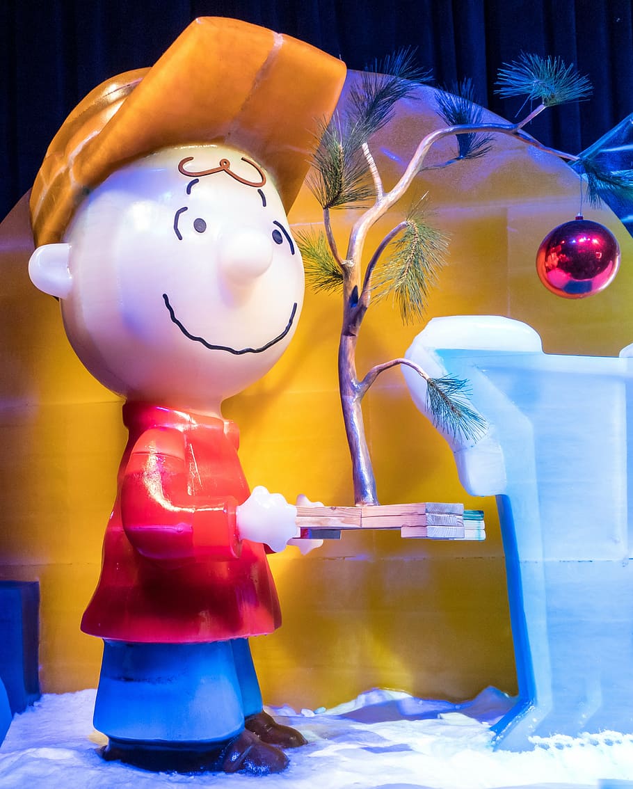 escultura de hielo, charlie brown, árbol de navidad, lindo, personaje de dibujos animados, maní, feriado, feliz, decoración, personaje