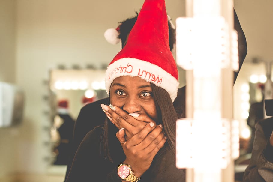 chapéu, mulher, menina, relógio, afro-americano, preto, Papai Noel, natal, bokeh, feliz