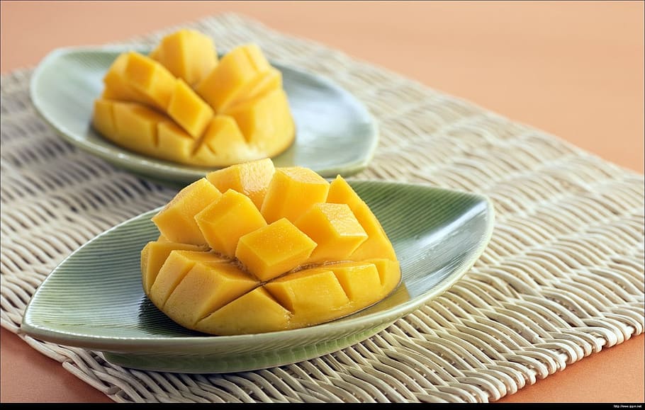 dos, rodajas, mangos, tazones, mango, fruta, mango hd, fruta de mango, piña, comida y bebida
