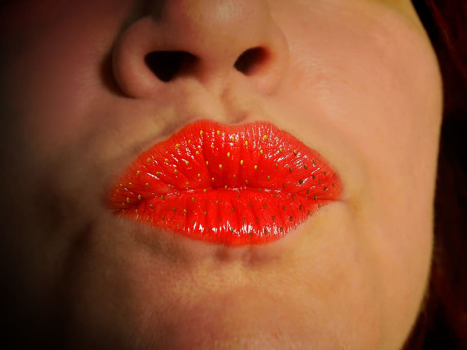 woman pouting lips, wearing, red, strawberry lipstick, lips, kiss, love, kiss mouth, lipstick, mouth