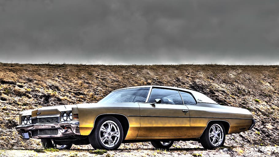 gold-colored coupe, chevrolet, impala, 1972, car, hdr, veteran, classic, veteran car, old