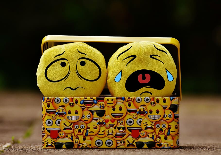 emoji, plush, toys, basket, emotions, cry, sad, smilies, emoticon, mood