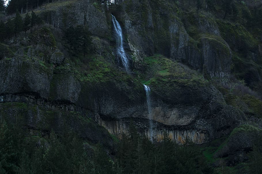 photography of waterfalls, photography, waterfalls, black, gray, green, rocks, nature, rock - Object, landscape