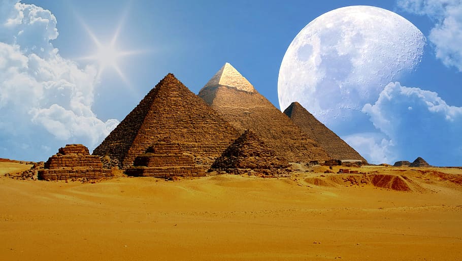 коричневый, пирамиды, белый, облачно, небо, Гиза, Гизе, Египет, Хеопс, сфинкс