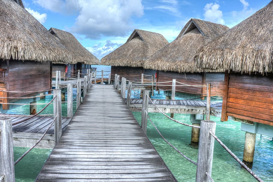 brown, huts, sea, bora bora, over water bungalows, tropical, vacation, lagoon, nature, french polynesia
