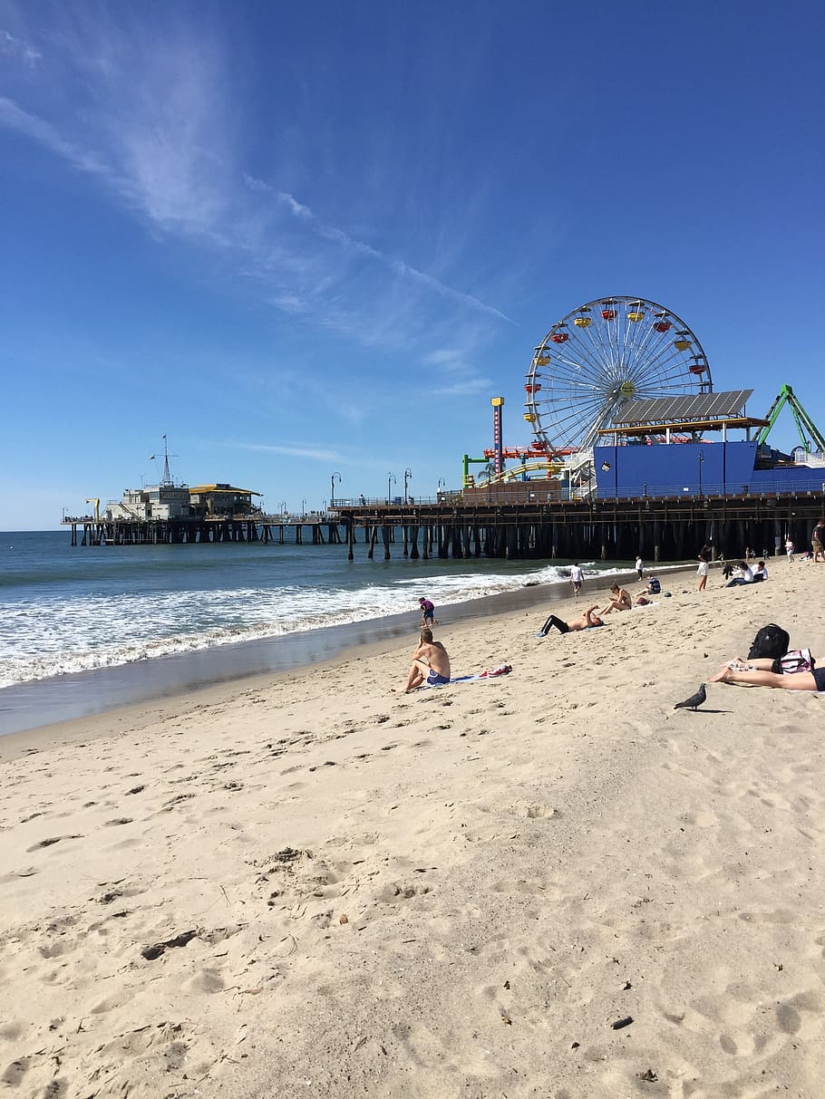 persona, sentado, arena, durante el día, Santa Mónica, California, Santa, Mónica, playa, océano