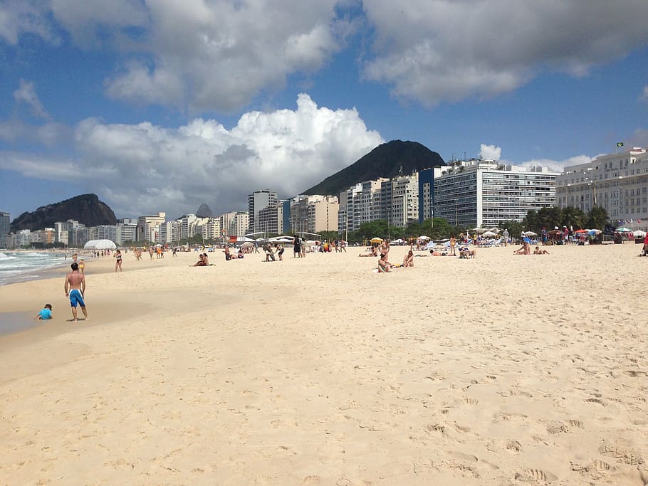 beach copacabana, river, brazil, beach, sand, land, architecture, building exterior, built structure, sky