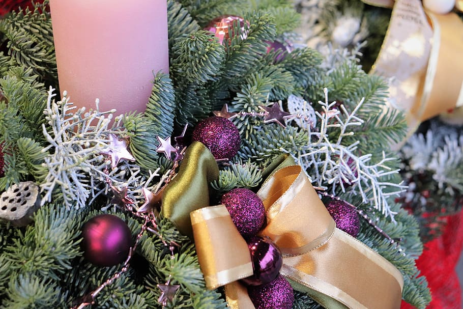 lilin, cemara, busur, kedatangan, dekoratif, desember, perayaan, hari Natal, liburan, dekorasi Natal